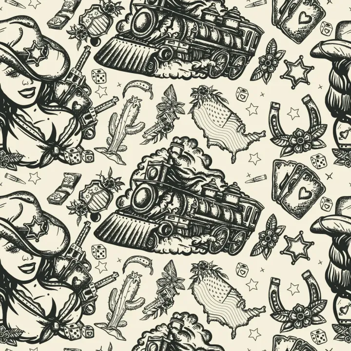 Tapeta Parowozy Na Dzikim Zachodzie – Styl Western i Amerykańska Flaga – produkt