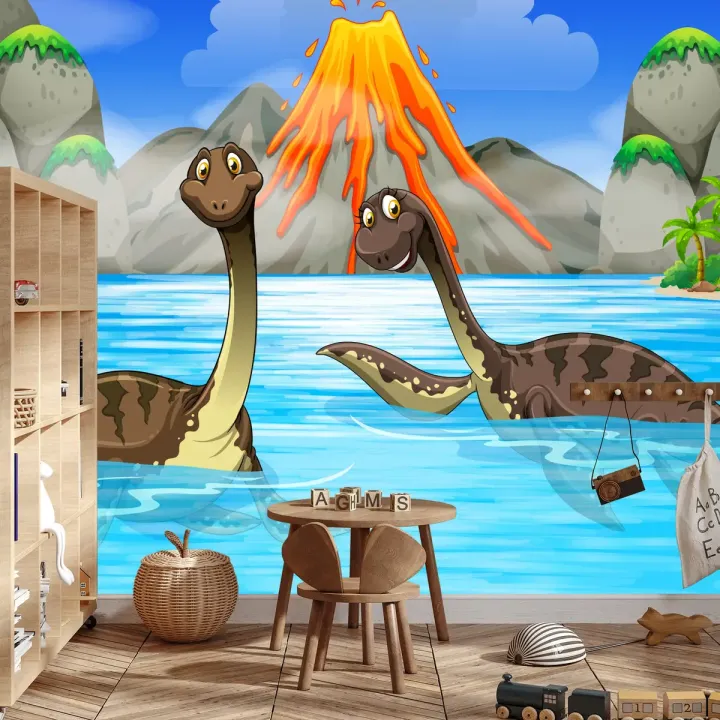 Fototapeta Dinozaury w Wodzie – Prehistoryczny Krajobraz z Erupcją Wulkanu