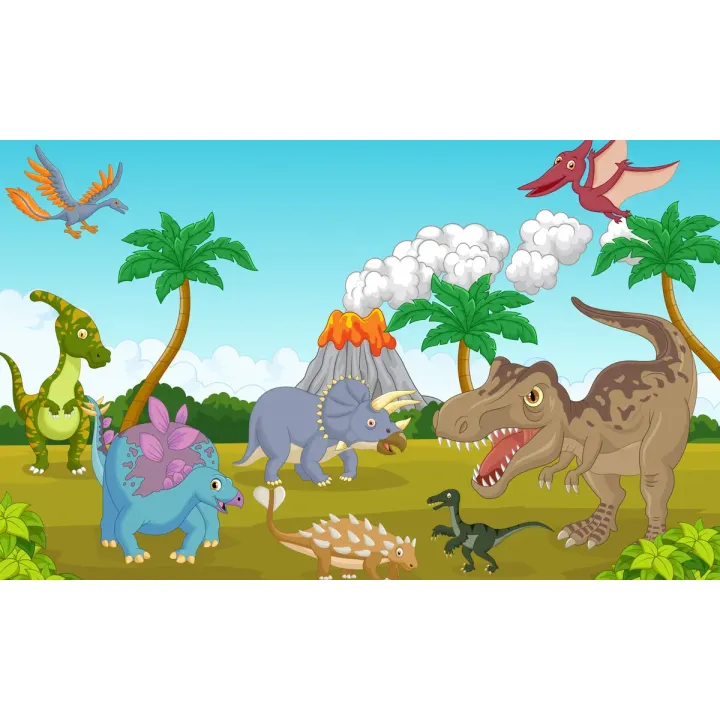 Fototapeta Kolorowe Dinozaury – Prehistoryczny Krajobraz z Wulkanem – produkt