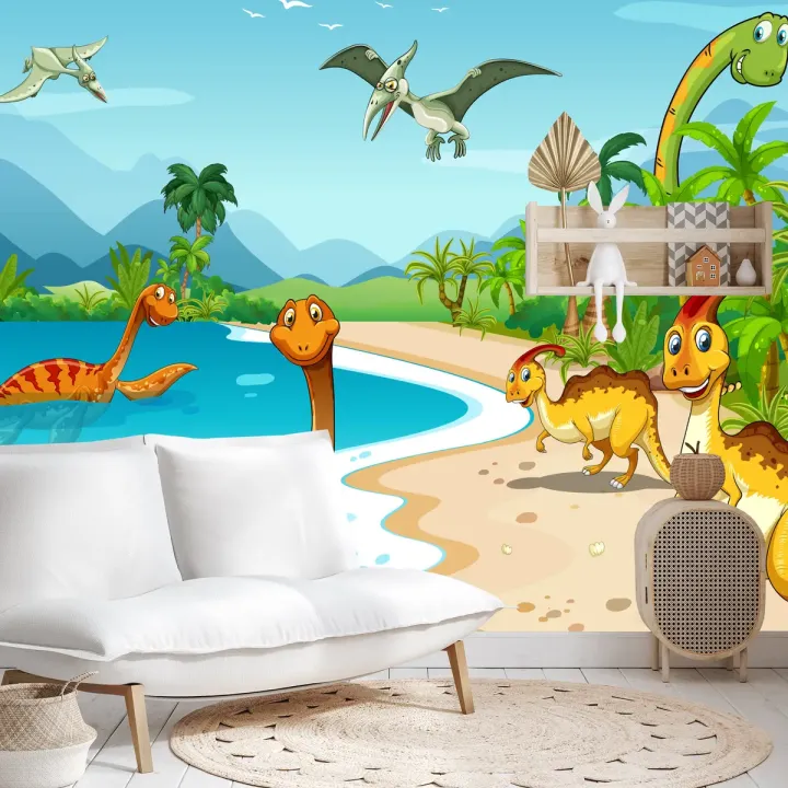 Fototapeta Dinozaury Na Plaży – Prehistoryczny Krajobraz Ery Mezozoicznej