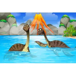 Fototapeta Dinozaury w Wodzie – Prehistoryczny Krajobraz z Erupcją Wulkanu