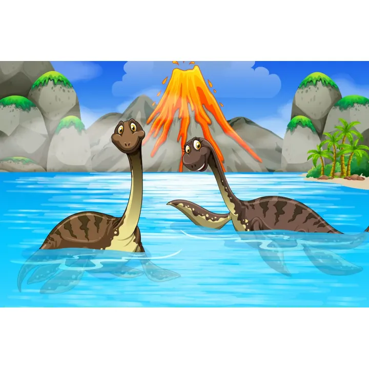Fototapeta Dinozaury w Wodzie – Prehistoryczny Krajobraz z Erupcją Wulkanu – produkt
