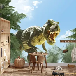 Fototapeta Wielki Dinozaur T-Rex – Prehistoryczny Krajobraz z Palmami