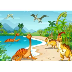 Fototapeta Dinozaury Na Plaży – Prehistoryczny Krajobraz Ery Mezozoicznej