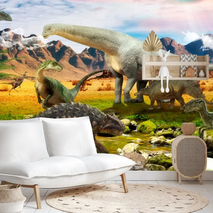 Fototapeta Dinozaury – Prehistoryczny Krajobraz nad Rzeką