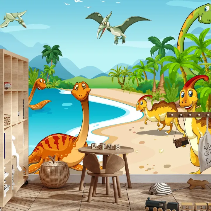 Fototapeta Dinozaury Na Plaży – Prehistoryczny Krajobraz Ery Mezozoicznej