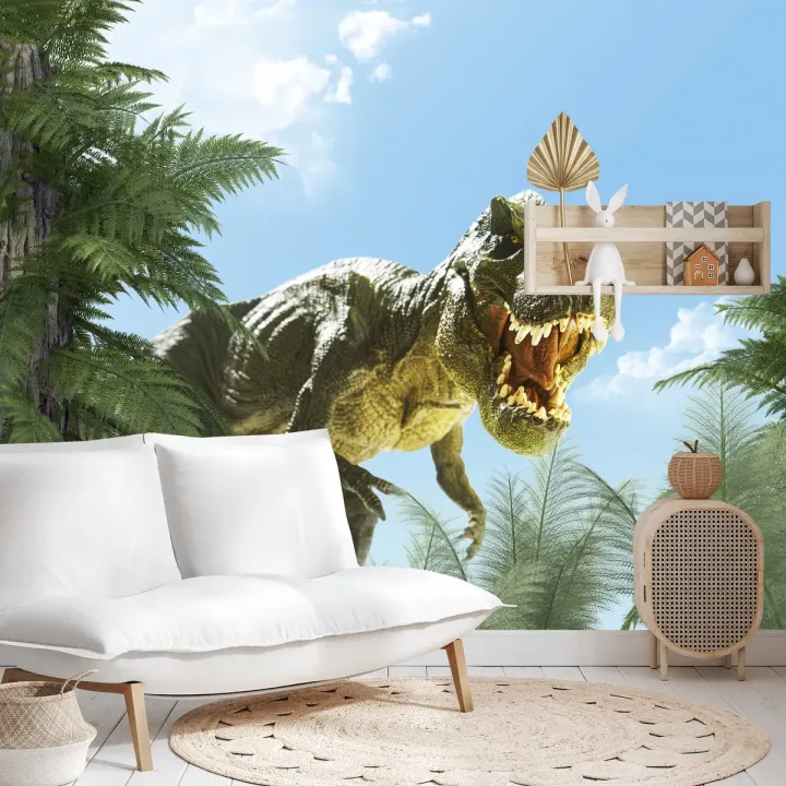 Fototapeta Wielki Dinozaur T-Rex – Prehistoryczny Krajobraz z Palmami