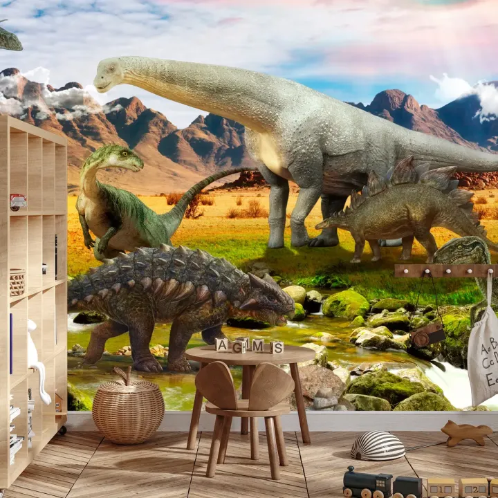 Fototapeta Dinozaury – Prehistoryczny Krajobraz nad Rzeką