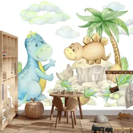 Fototapeta Małe Dinozaury – Ilustracja Dziecięca z Prehistorycznym Krajobrazem
