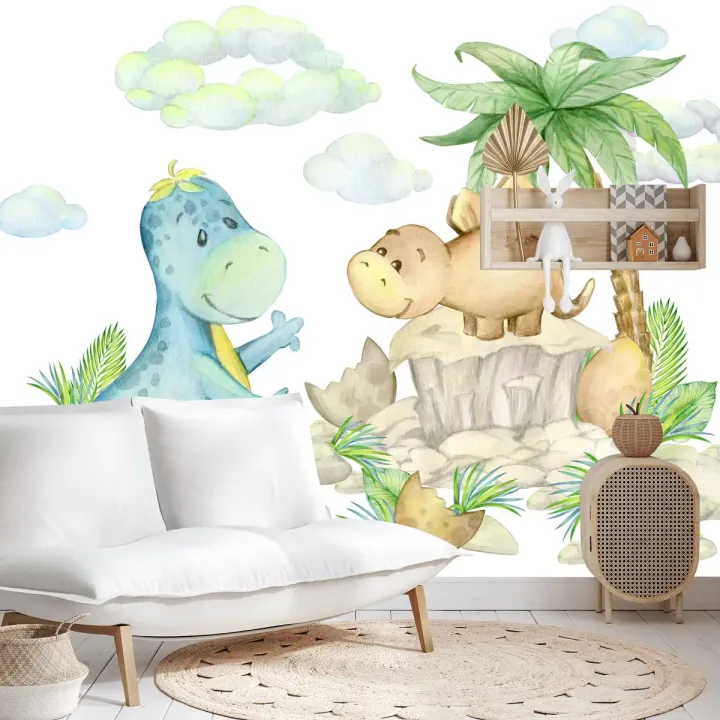 Fototapeta Małe Dinozaury – Ilustracja Dziecięca z Prehistorycznym Krajobrazem