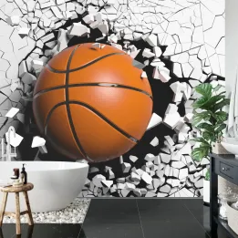 Fototapeta Piłka Koszykowa Niszcząca Mur – Sportowa Dynamika i Energia