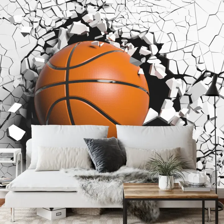 Fototapeta Piłka Koszykowa Niszcząca Mur – Sportowa Dynamika i Energia