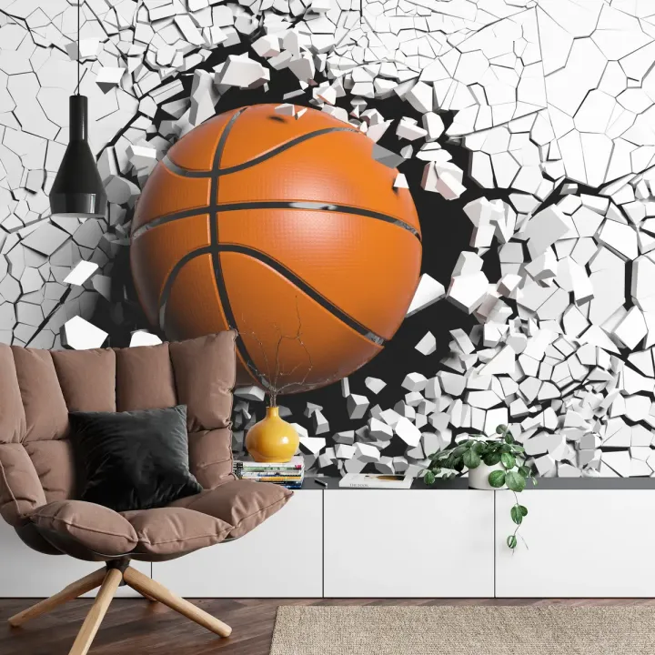 Fototapeta Piłka Koszykowa Niszcząca Mur – Sportowa Dynamika i Energia