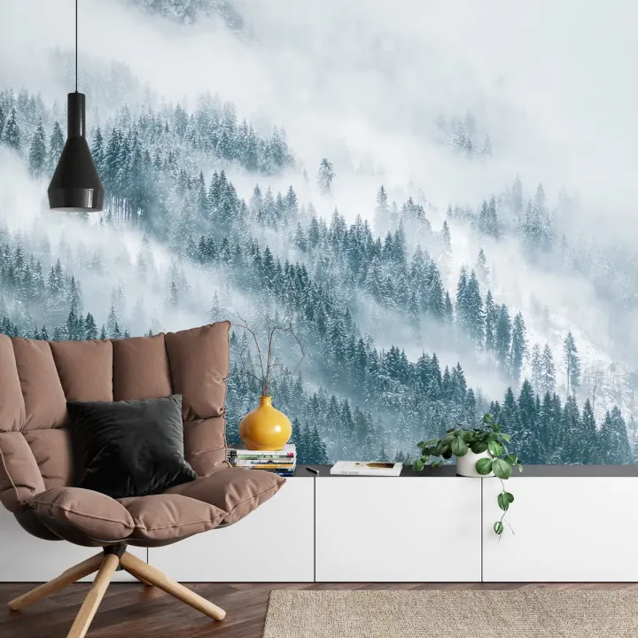 Fototapeta Las – Mglisty Poranek w Śnieżnej Naturze