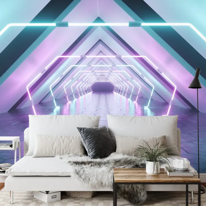 Fototapeta Tunel – Neonowa Abstrakcja i Futurystyczna Architektura