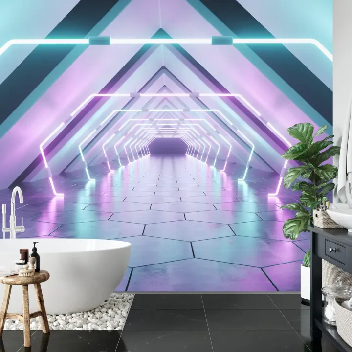 Fototapeta Tunel – Neonowa Abstrakcja i Futurystyczna Architektura