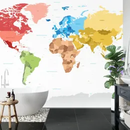 Fototapeta Mapa Świata – Kolorowe Kontynenty i Kraje do Wnętrz