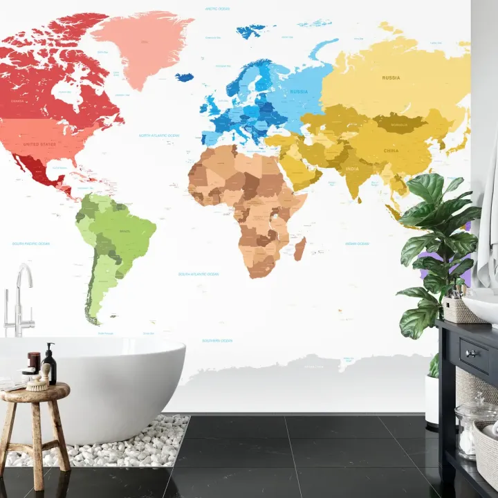 Fototapeta Mapa Świata – Kolorowe Kontynenty i Kraje do Wnętrz