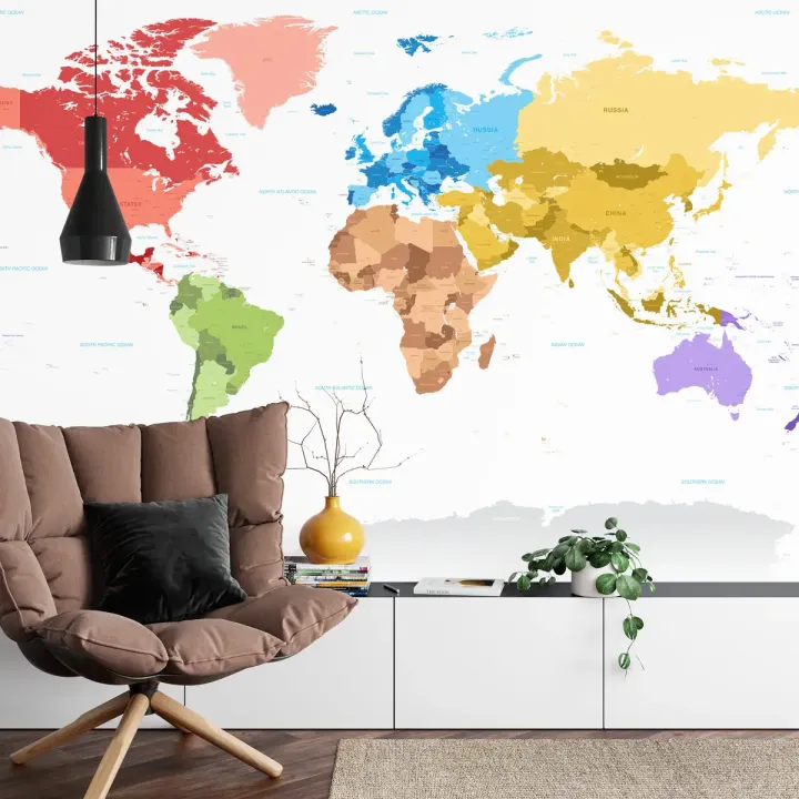 Fototapeta Mapa Świata – Kolorowe Kontynenty i Kraje do Wnętrz