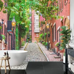 Fototapeta Uliczka Miasto – Architektura Miejska z Lampionami i Flagą USA