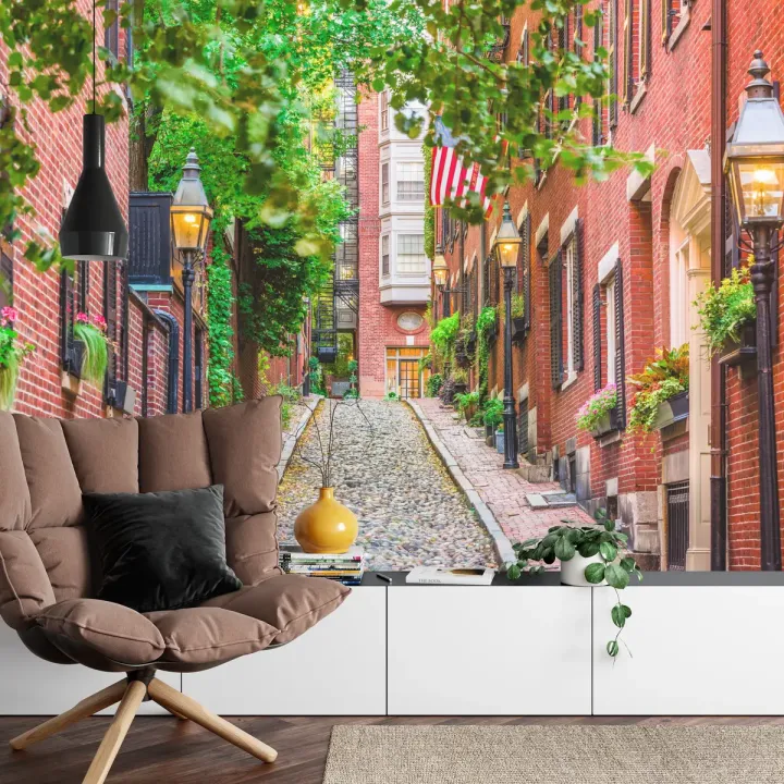 Fototapeta Uliczka Miasto – Architektura Miejska z Lampionami i Flagą USA