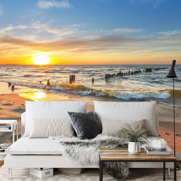 Fototapeta Plaża Zachód Słońca – Krajobraz Nadmorski z Falami i Niebem
