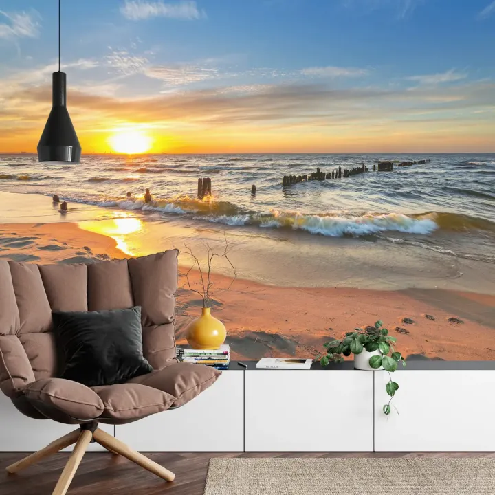 Fototapeta Plaża Zachód Słońca – Krajobraz Nadmorski z Falami i Niebem