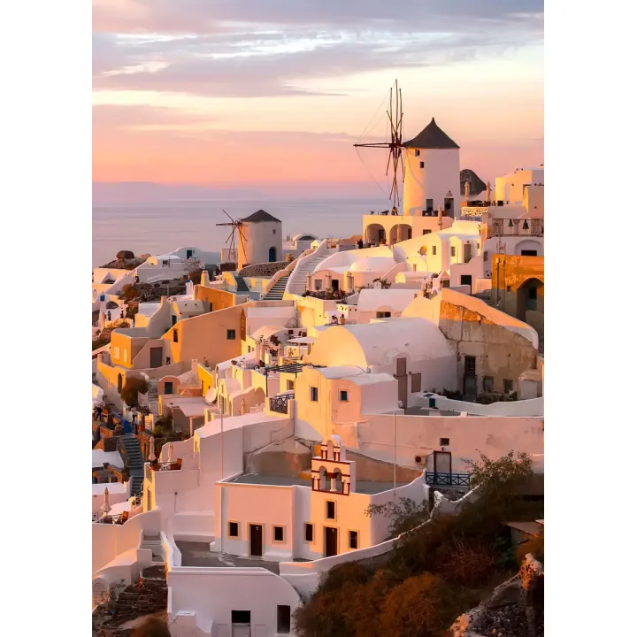 Plakat Oia o Zachodzie Słońca – Architektura Santorini na Cykladach
