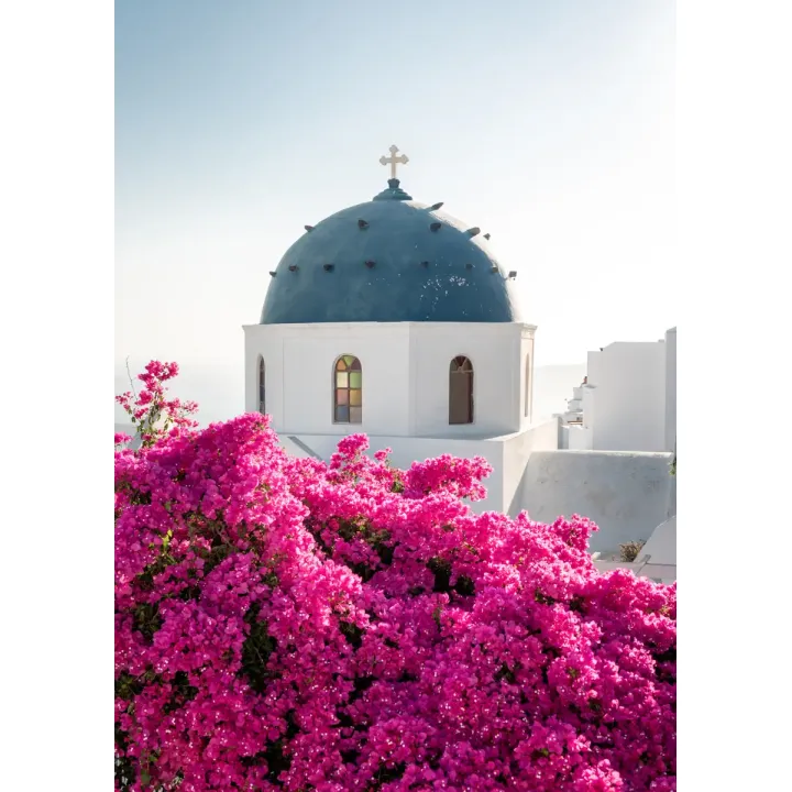 Plakat Santorini – Grecka Architektura i Bugenwilla