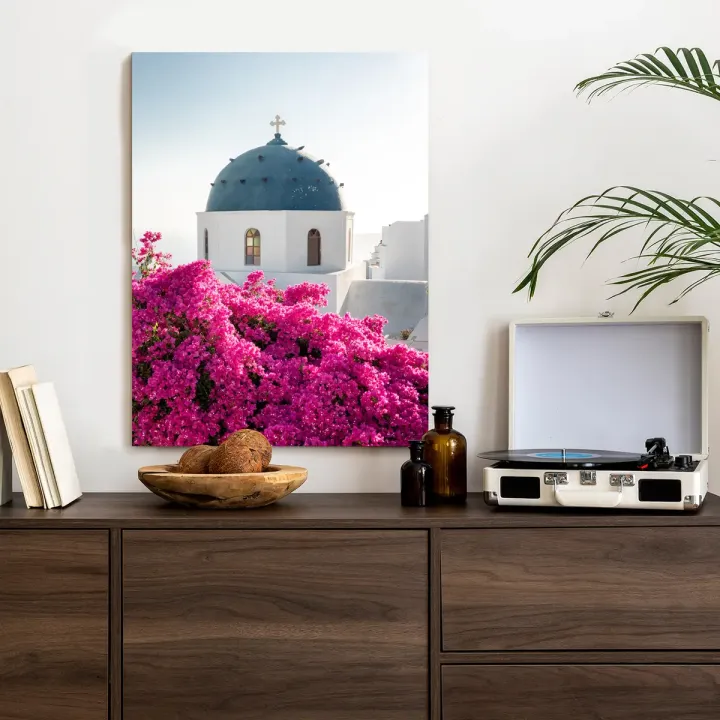Plakat Santorini – Grecka Architektura i Bugenwilla