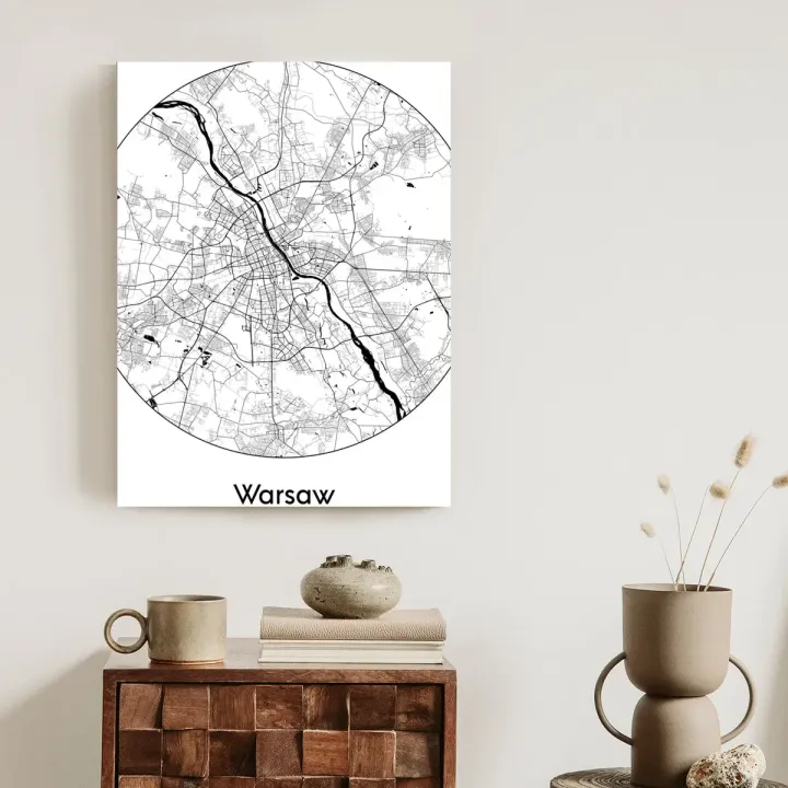 Plakat Warszawa – Minimalistyczna Mapa Stolicy z Rzekami i Dzielnicami