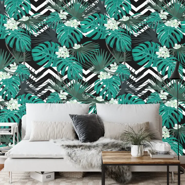 Fototapeta Liście Monstera – Egzotyczna Roślinność w Czarno-Białym Stylu