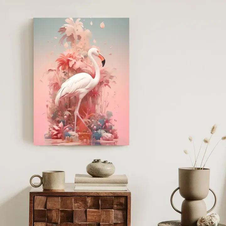 Plakat Surrealistyczna Ilustracja – Flaming i Tropikalny Krajobraz