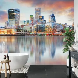 Fototapeta Pano – Nocny Skyline Londynu z Odbiciem w Wodzie