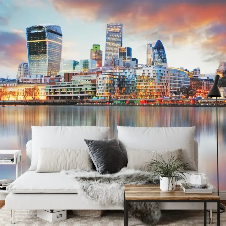 Fototapeta Pano – Nocny Skyline Londynu z Odbiciem w Wodzie