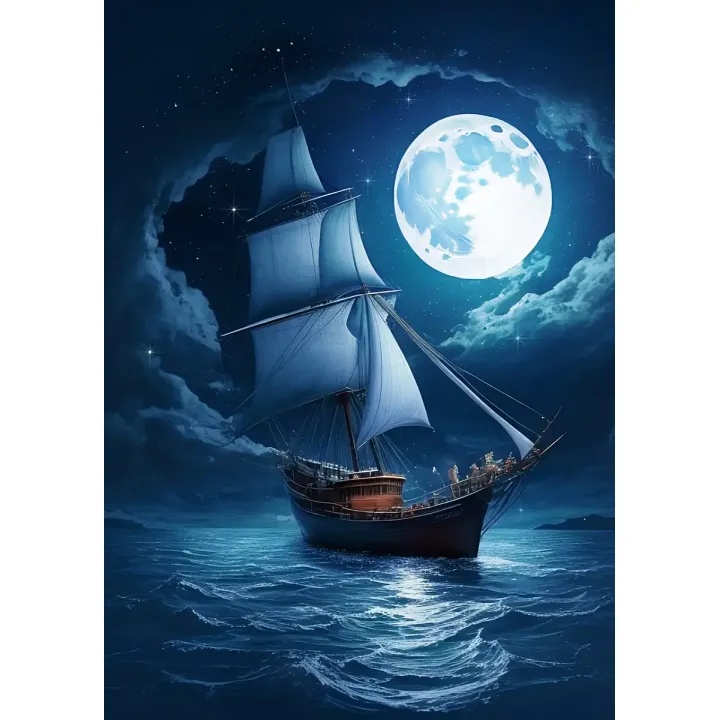 Plakat Statek Na Spokojnym Morzu – Nocna Żegluga przy Pełni Księżyca