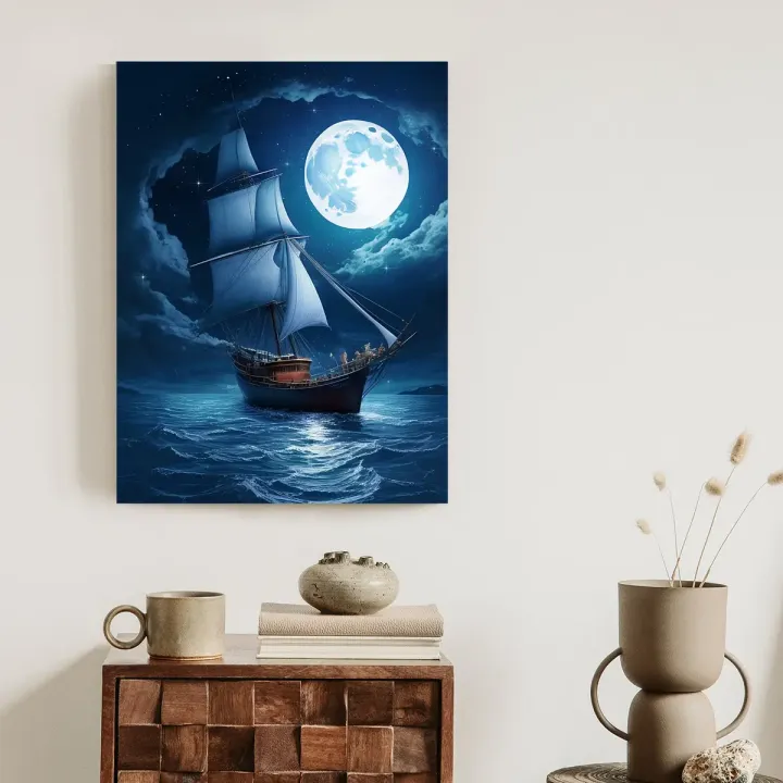 Plakat Statek Na Spokojnym Morzu – Nocna Żegluga przy Pełni Księżyca