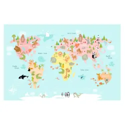 Fototapeta Mapa Świata – Zwierzęta Egzotyczne i Geografia dla Dzieci