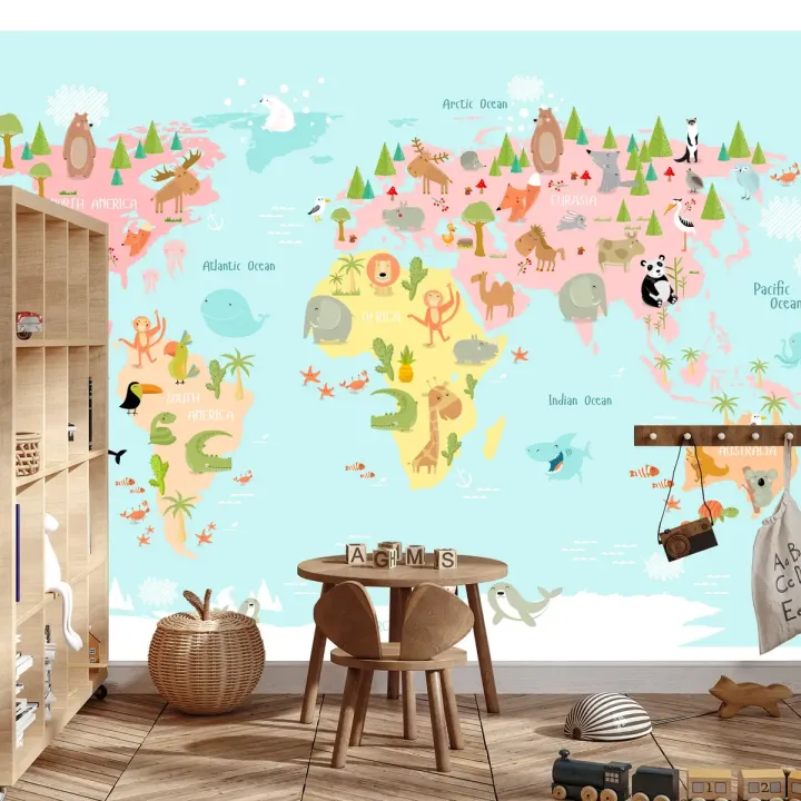 Fototapeta Mapa Świata – Zwierzęta Egzotyczne i Geografia dla Dzieci