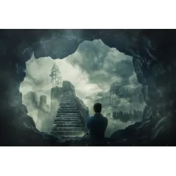 Fototapeta Schody W Świecie Fantasy – Krajobraz Górski i Leśna Cisza