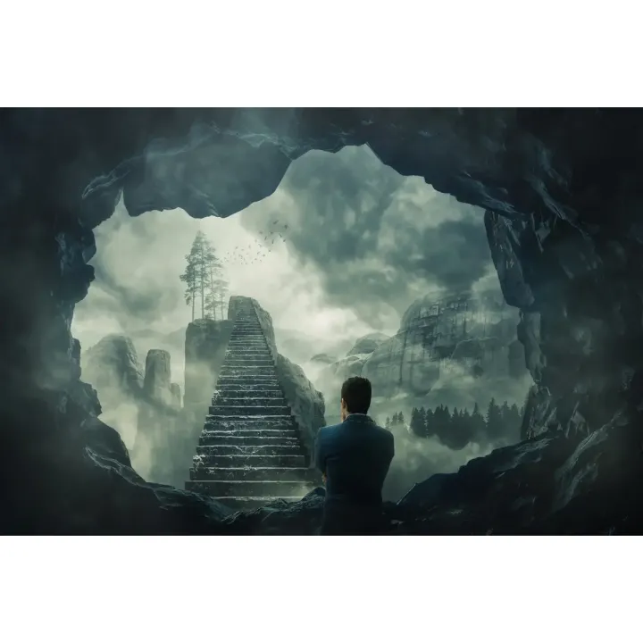 Fototapeta Schody W Świecie Fantasy – Krajobraz Górski i Leśna Cisza – produkt