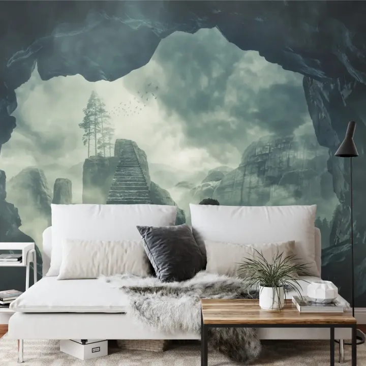 Fototapeta Schody W Świecie Fantasy – Krajobraz Górski i Leśna Cisza