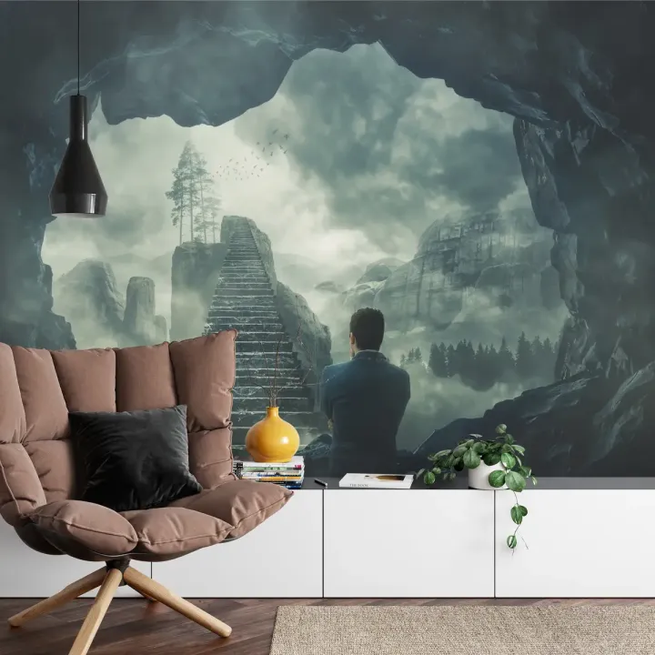 Fototapeta Schody W Świecie Fantasy – Krajobraz Górski i Leśna Cisza