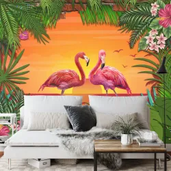 Fototapeta Flamingi – Tropikalna Sceneria z Ceglaną Ścianą