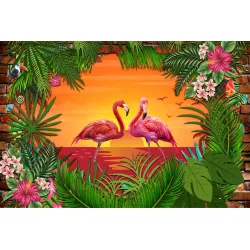 Fototapeta Flamingi – Tropikalna Sceneria z Ceglaną Ścianą