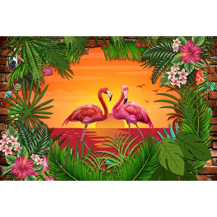 Fototapeta Flamingi – Tropikalna Sceneria z Ceglaną Ścianą – produkt