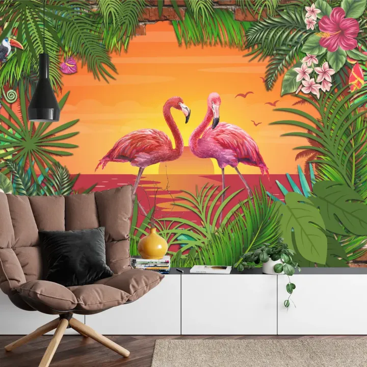 Fototapeta Flamingi – Tropikalna Sceneria z Ceglaną Ścianą
