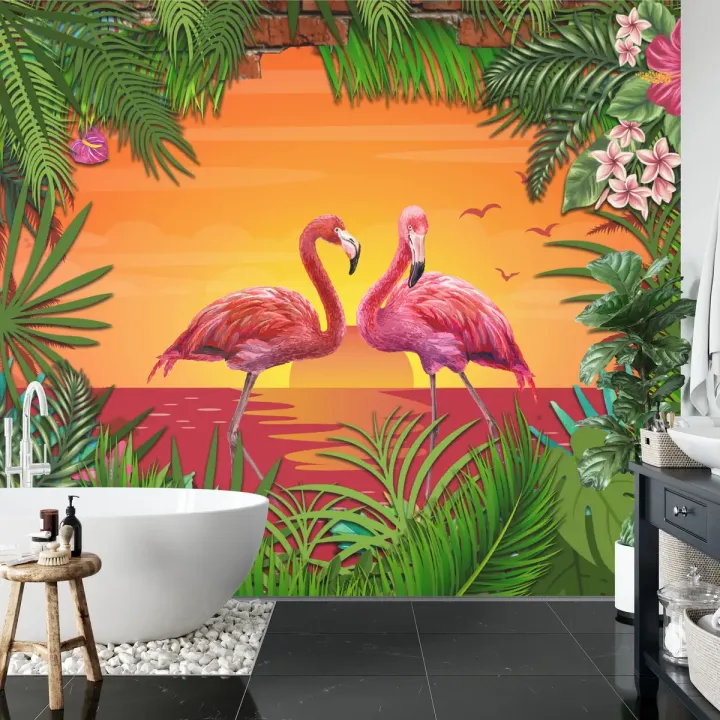 Fototapeta Flamingi – Tropikalna Sceneria z Ceglaną Ścianą