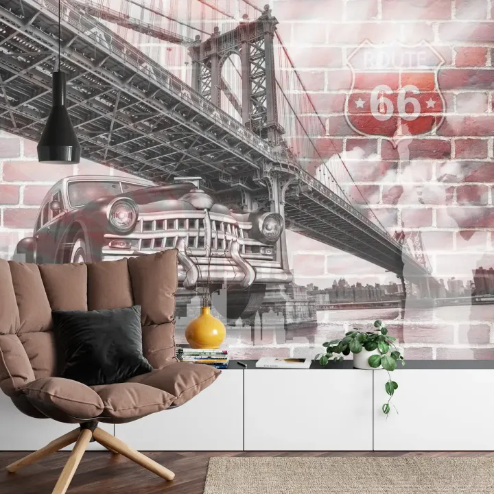 Fototapeta Auto Na Tle Ceglanej Ściany – Klimat Route 66 i Nostalgia