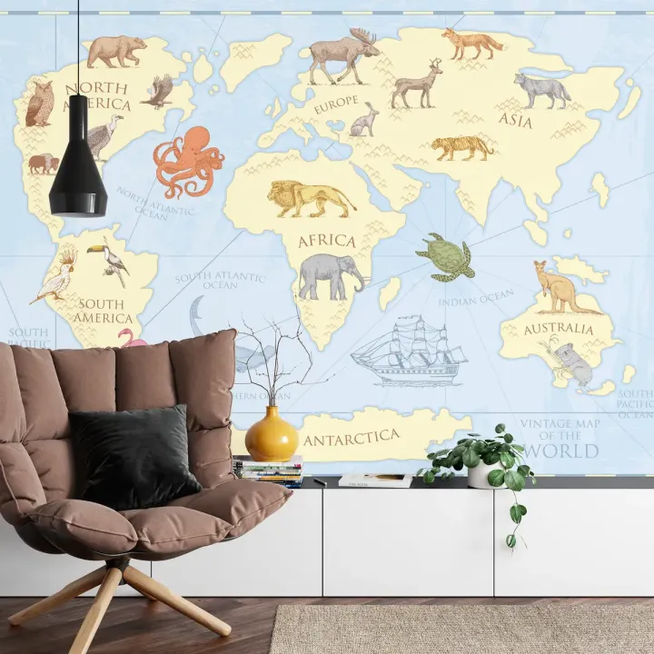 Fototapeta Dziecięca Mapa Vintage – Podróże po Kontynentach i Oceanach